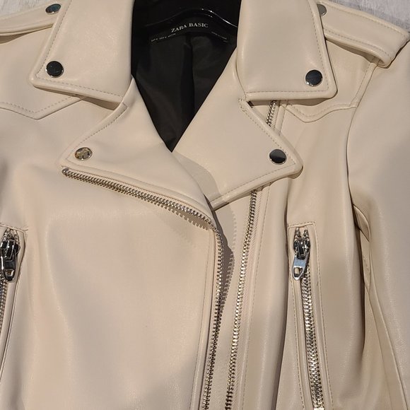 Nwt Zara faux leather biker moto jacket ecru size M - Picture 3 of 4